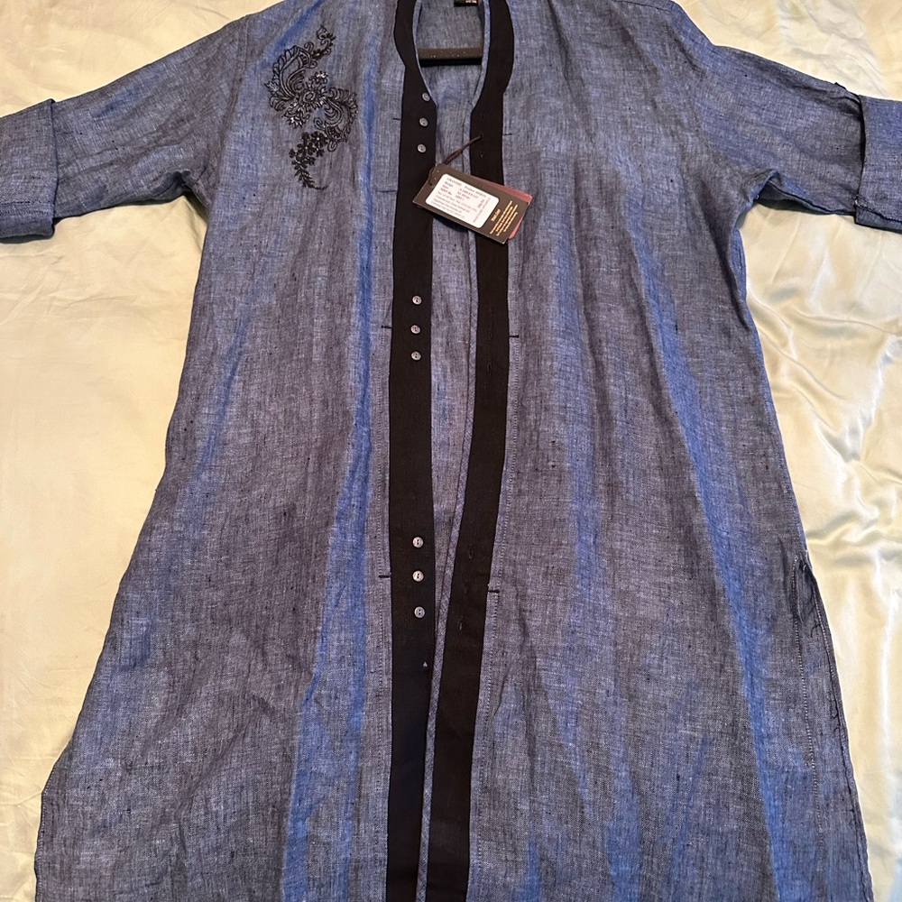 Vintage Blue and Black Embroidered Long Shirt (Large)